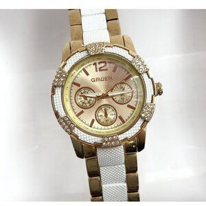 Gruen Chronograph Gold & White T Women's Rhinestone Wrist Watch - 30mm - WORKS!